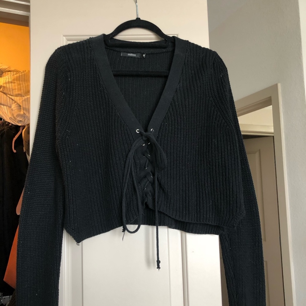 Cropped lace up sweater